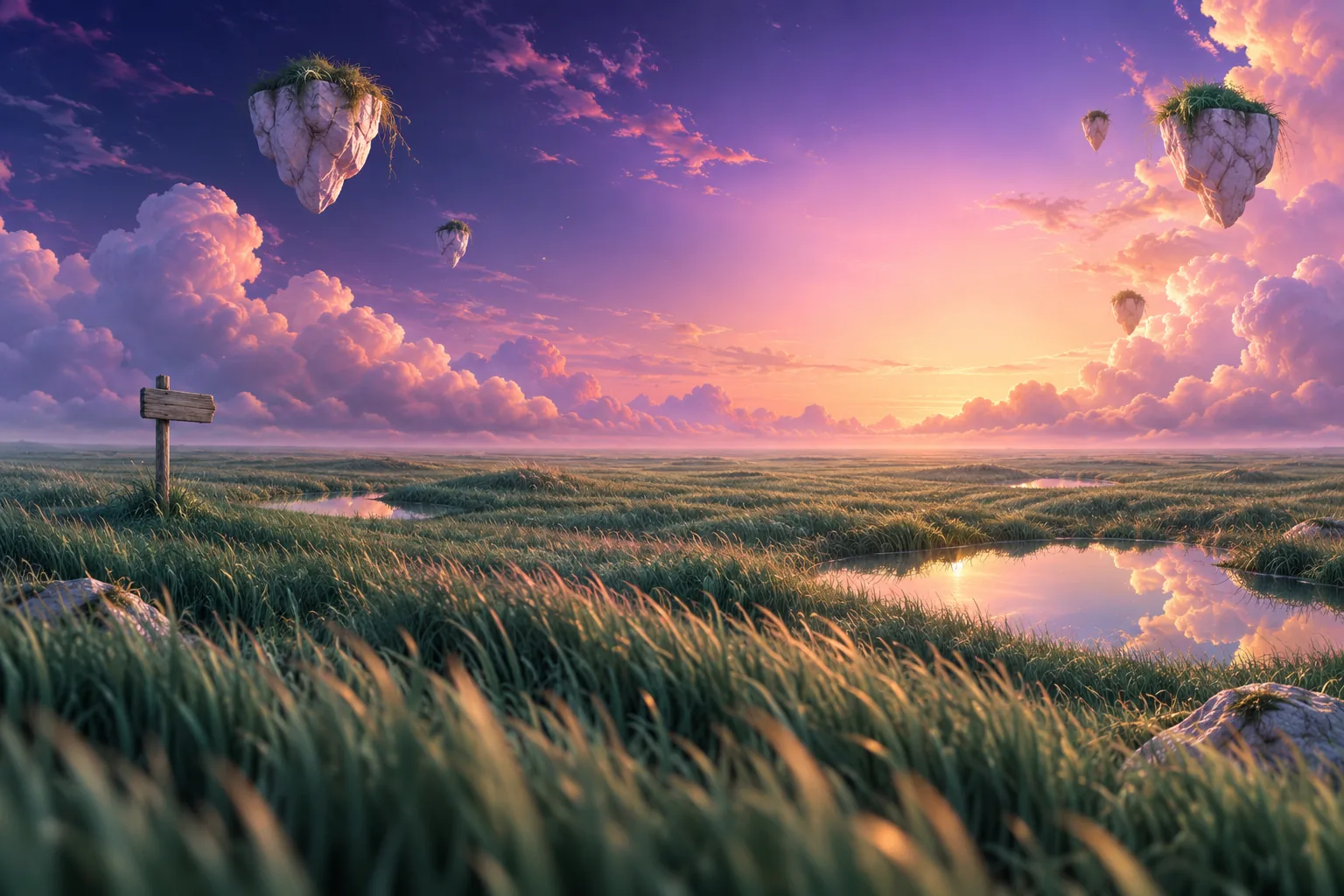 A sea of tall grass under a twilight dream sky with floating marble islands